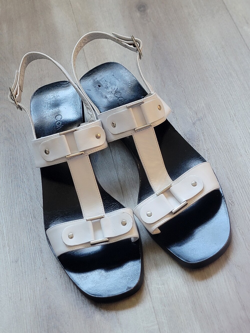 VINTAGE Calvin Klein Made in Italy White Leather Block Heel Sandals - 7.5M